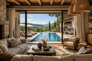 Saló d’una casa rural d’alta gamma amb piscina i paisatge natural