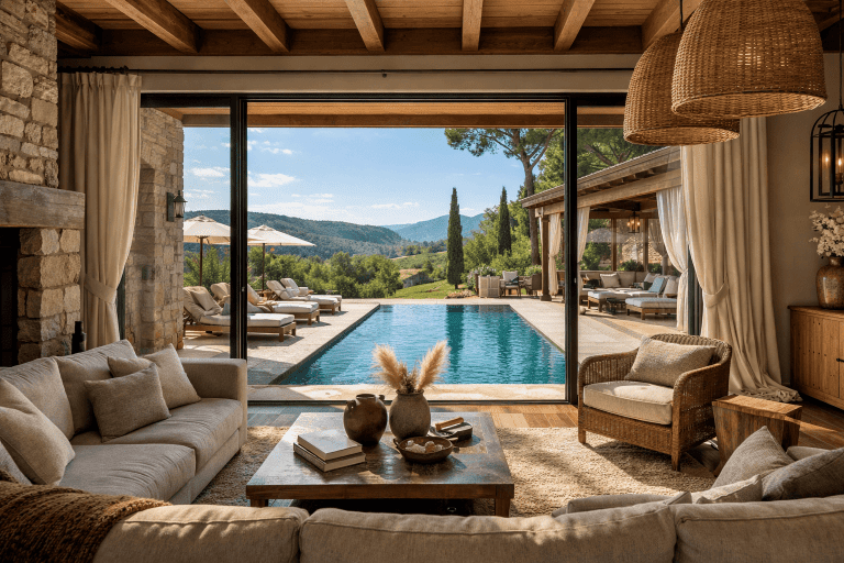 Saló d’una casa rural d’alta gamma amb piscina i paisatge natural