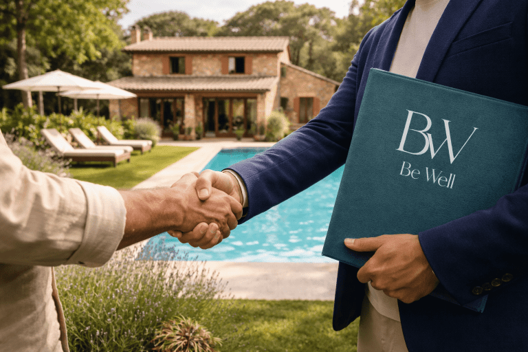 Dos personas cerrando un acuerdo frente a una casa rural con piscina y una carpeta con el logotipo de BeWell